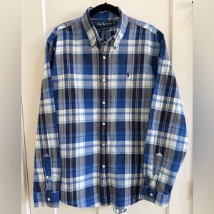 Ralph Lauren Custom Fit Blue Plaid Oxford Button Up Shirt Size XL A9